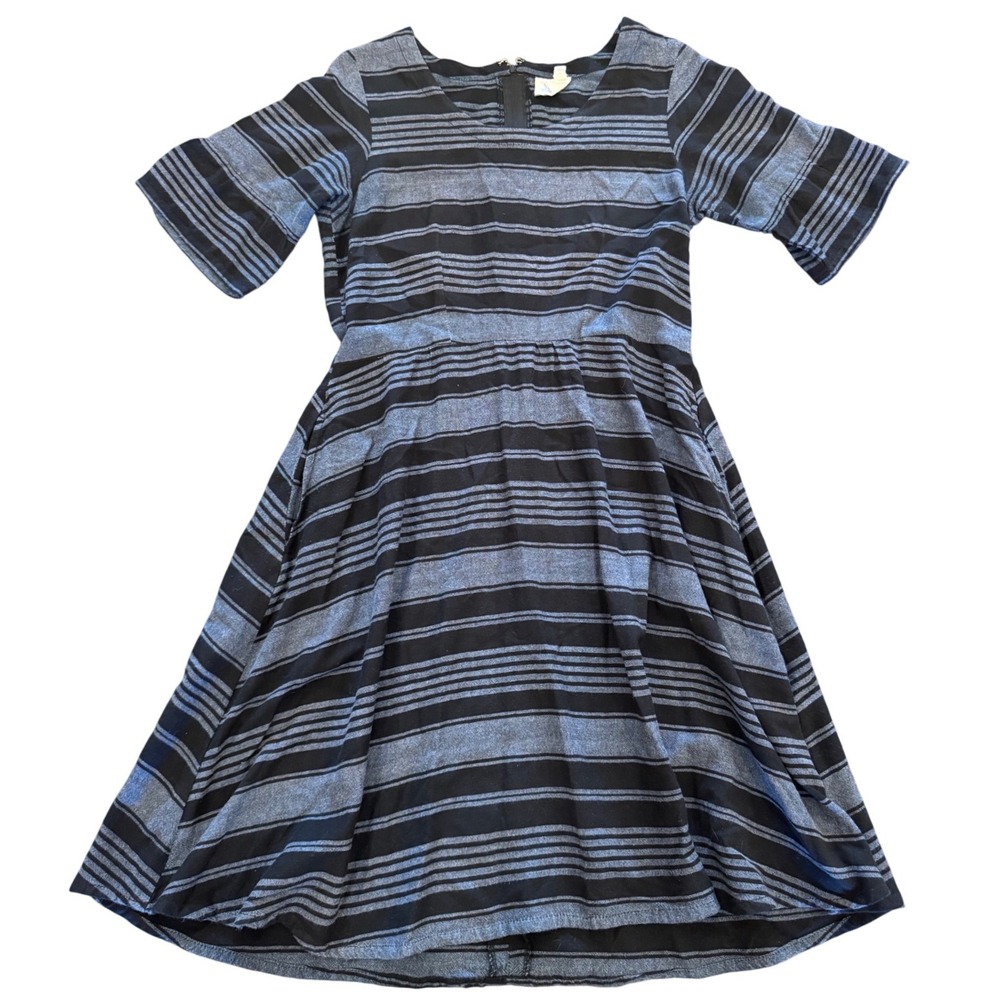 Mata Traders Striped Fit and Flare Dress Blue Black Short Sleeve Small